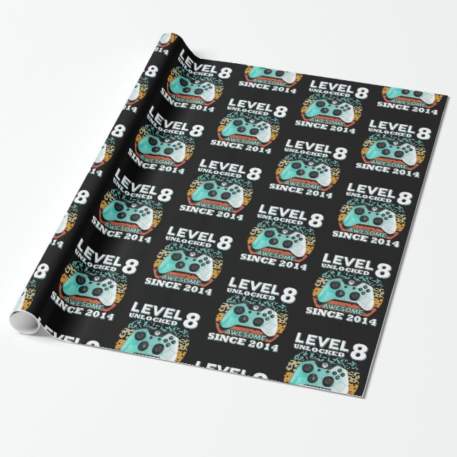 8th Birthday Gift Boys Level 8 Unlocked Gamer Wrapping Paper (Unrolled)