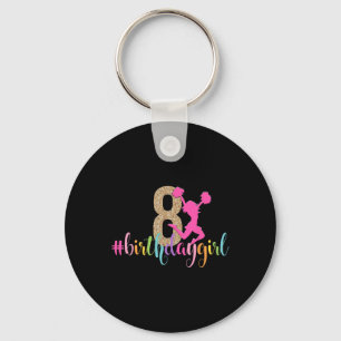 8th Birthday Girl Cheerleader Rainbow Cheerleading Key Ring