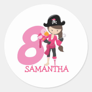 8th Birthday GIRL Pirate Classic Round Sticker