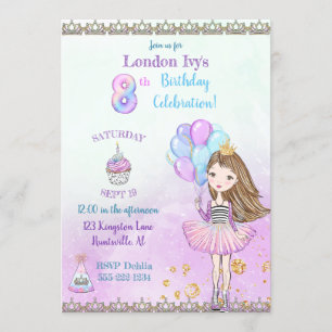 8th Birthday Girl Princess Cupcake Balloons Invitation