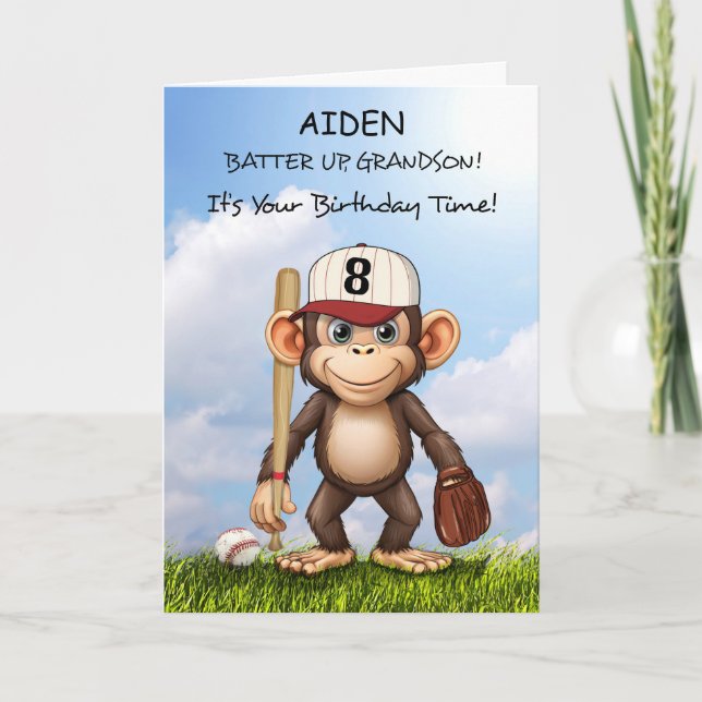 8th Birthday Grandson Personalise Baseball Monkey Card (Front)