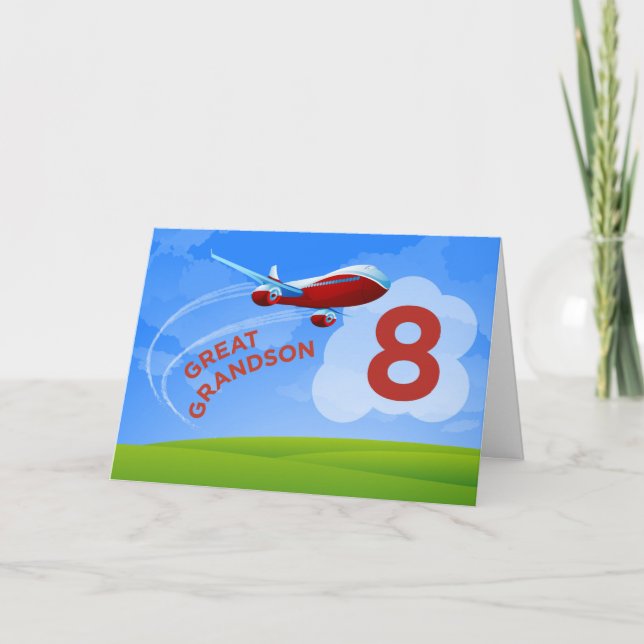 8th Birthday, Great Grandson, Red Aeroplane Card (Front)