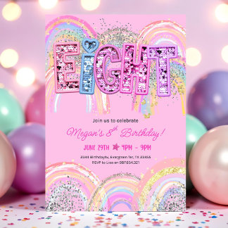 8th Birthday Invitation Girl Editable Rainbow Sequ