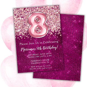 8th Birthday Invitation Girly Magenta Pink Glitter