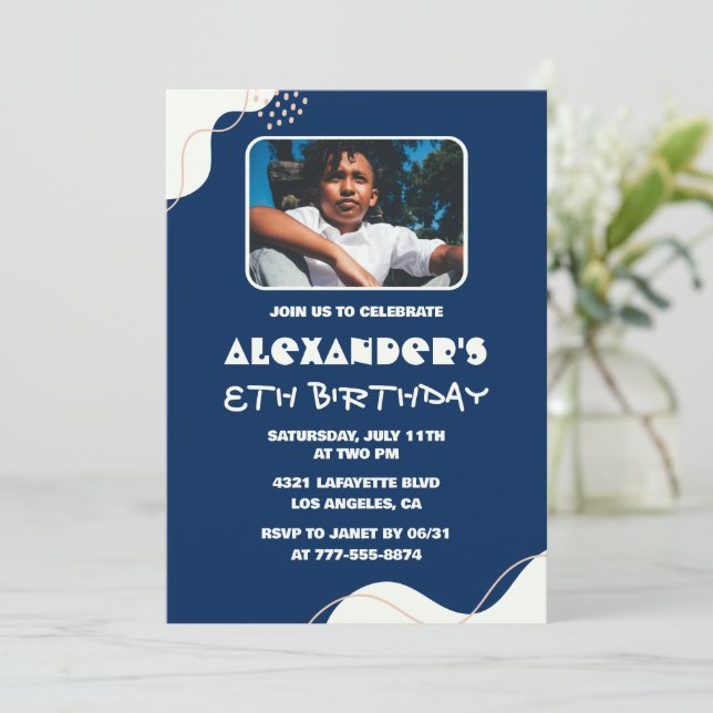 8th birthday invitations Boy Photo Simple Navy  (Standing Front)