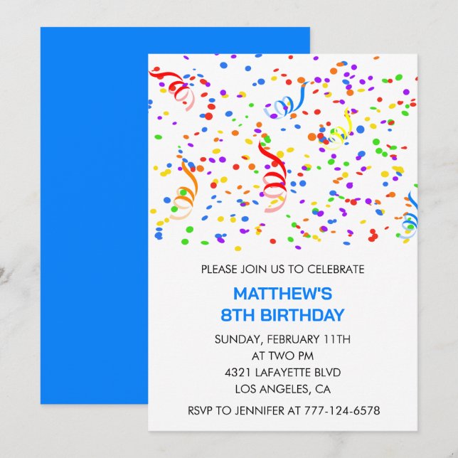 8th birthday invitations Confetti Rainbow Boy (Front/Back)