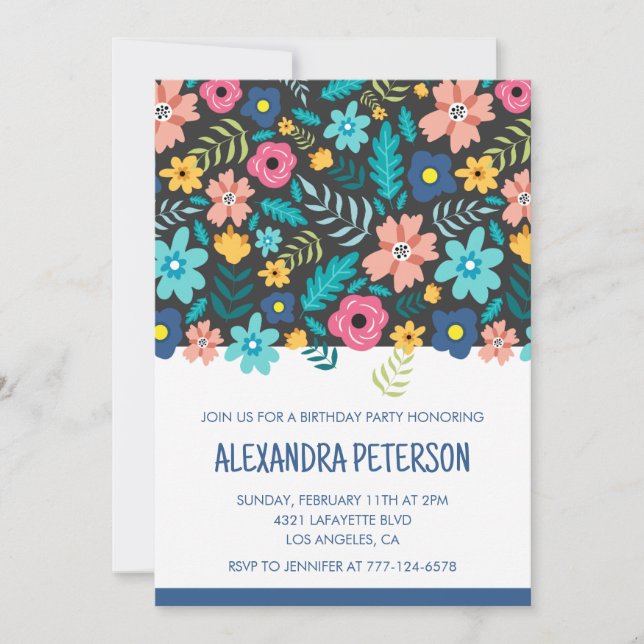 8th birthday invitations Floral Pattern Blue (Front)