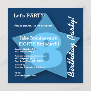 8th Birthday KIDS Eight Year Old Big Blue Star K08 Invitation