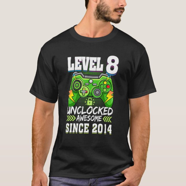 8th Birthday Level 8 Unlocked Awesome 2014 Video G T-Shirt (Front)