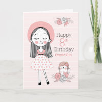 8th Birthday Little Girl and Cat in Pink White