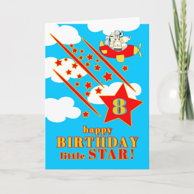 8th Birthday Little Star Cute Animals in a Plane Card (Front)