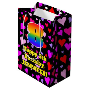 8th Birthday: Loving Hearts Pattern, Rainbow # 8 Medium Gift Bag