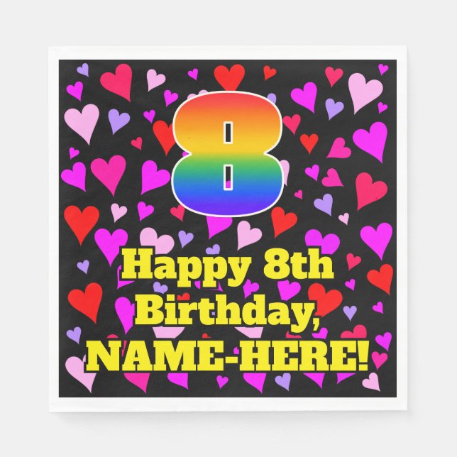 8th Birthday: Loving Hearts Pattern, Rainbow # 8 Napkin (Front)