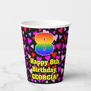 8th Birthday: Loving Hearts Pattern, Rainbow 8 Paper Cups