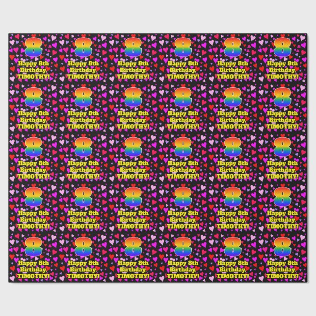 8th Birthday: Loving Hearts Pattern, Rainbow # 8 Wrapping Paper (Seam)
