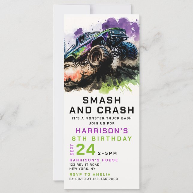 8th Birthday Monster Truck Smash Crash Boy Kids Invitation (Front)