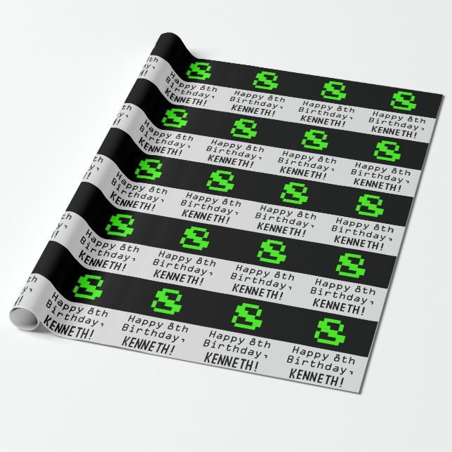 8th Birthday - Nerdy / Geeky Style "8" and Name Wrapping Paper (Unrolled)