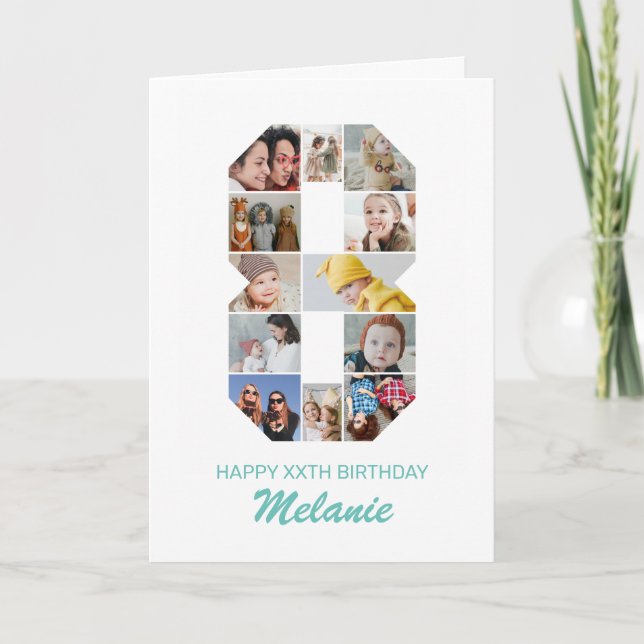 8th Birthday Number 8 Photo Collage Personalised Card (Front)