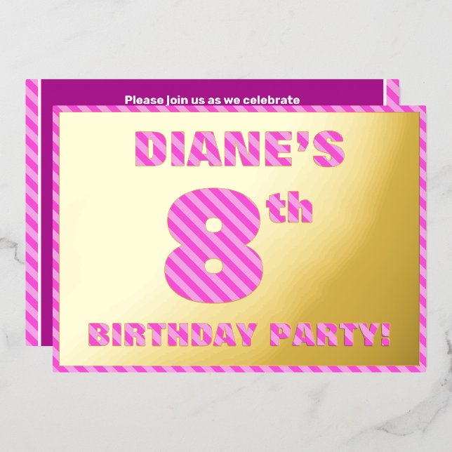 8th Birthday Party — Bold, Fun, Pink Stripes # 8 (Front/Back)