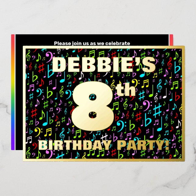 8th Birthday Party — Fun, Colourful Music Symbols (Front/Back)