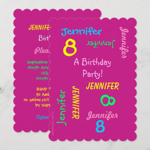 8th Birthday Party Invitation Hot Pink, Names