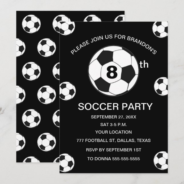 8th Birthday Party Soccer Black Boys Sports Invitation (Front/Back)