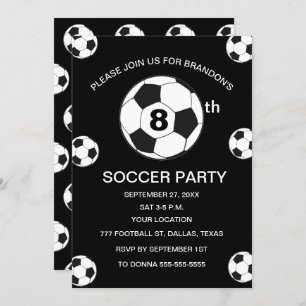8th Birthday Party Soccer Black Boys Sports Invitation