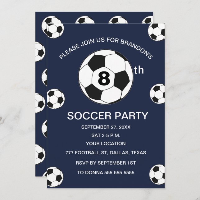 8th Birthday Party Soccer Blue Boys Sports Invitation (Front/Back)