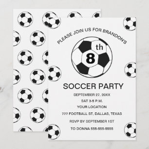 8th Birthday Party Soccer White Boys Sports Invitation