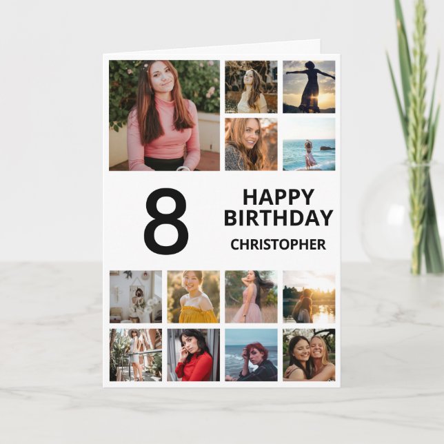 8th Birthday Photo Collage 13 Photos Black & White Card (Front)