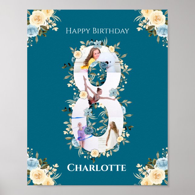 8th Birthday Photo Collage Teal Blue Yellow Flower Poster (Front)