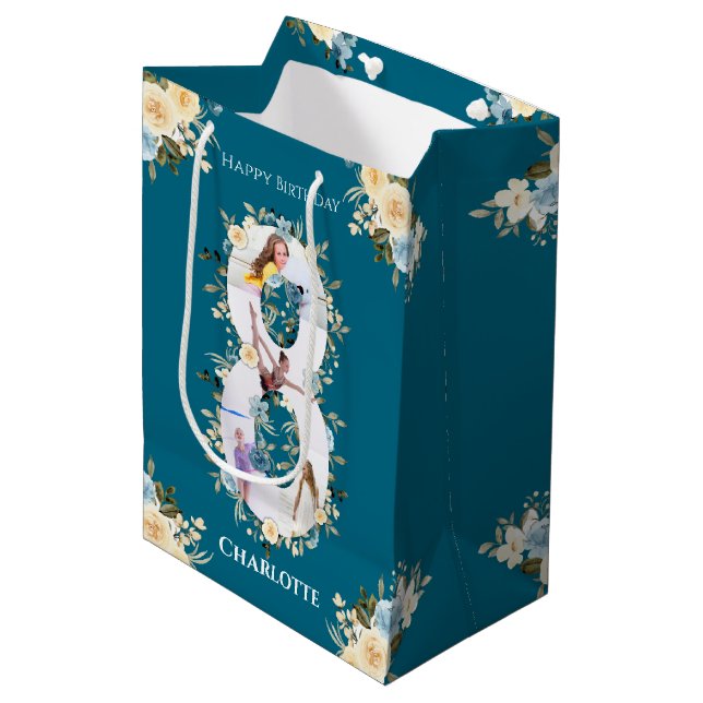 8th Birthday Photo Teal Collage Blue Yellow Flower Medium Gift Bag (Front Angled)
