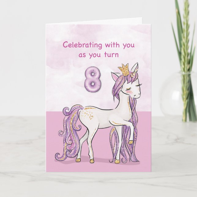 8th Birthday Pink Horse With Crown Card (Front)