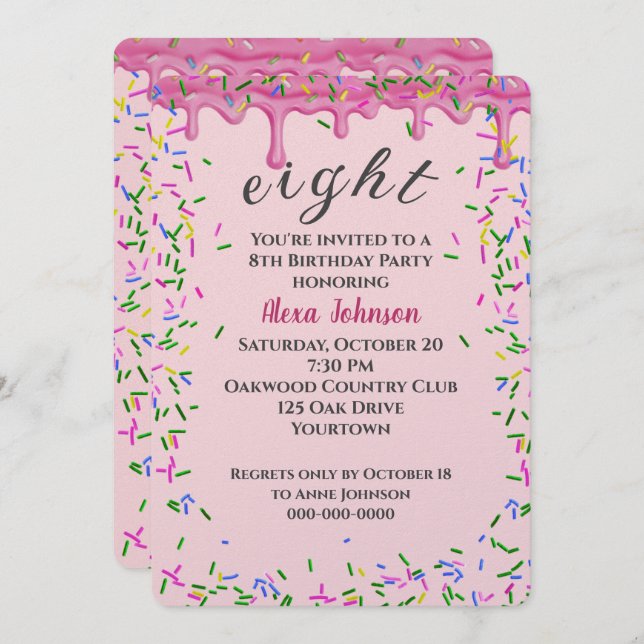 8th Birthday Pink Icing And Sprinkles Invitation (Front/Back)