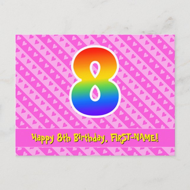 8th Birthday: Pink Stripes & Hearts, Rainbow 8 Postcard (Front)