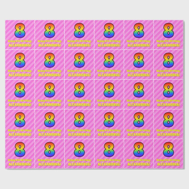 8th Birthday: Pink Stripes & Hearts, Rainbow # 8 Wrapping Paper (Flat)