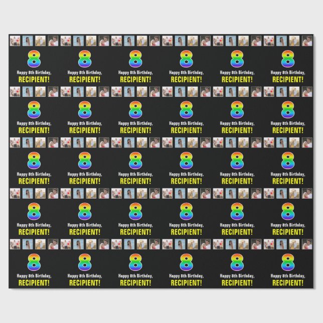 8th Birthday: Rainbow “8“; Custom Photos & Name Wrapping Paper (Flat)
