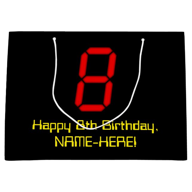 8th Birthday: Red Digital Clock Style "8" + Name Large Gift Bag (Front)