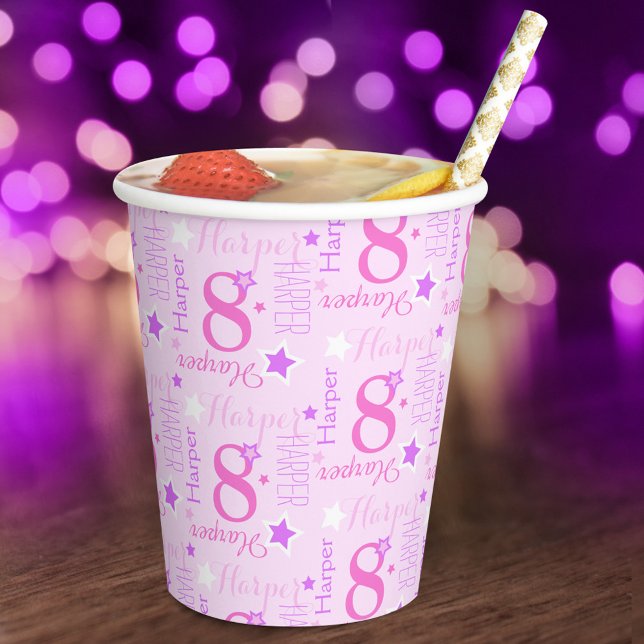 8th birthday star custom pink purple kids party paper cups (Creator Uploaded)