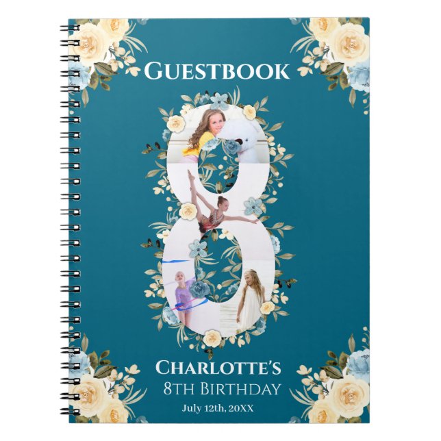 8th Birthday Teal Photo Flower Yellow Guest Book (Front)