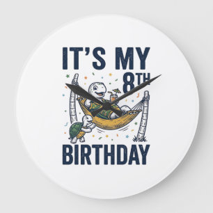 8th Birthday Turtle Hammock Vintage Engraving Desi Large Clock
