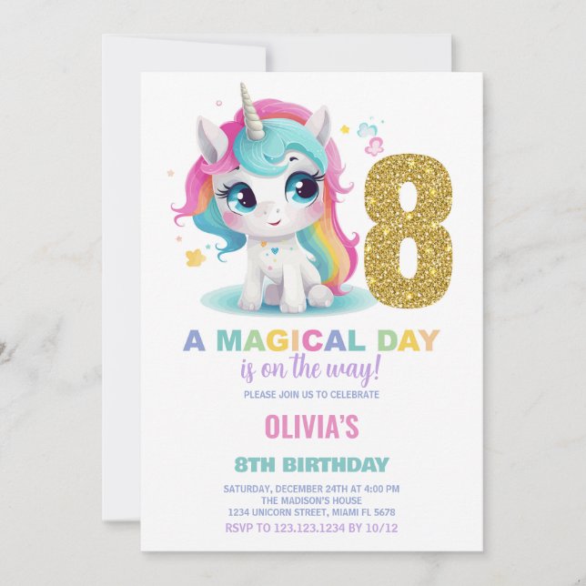 8th Birthday Unicorn Birthday Invitations (Front)