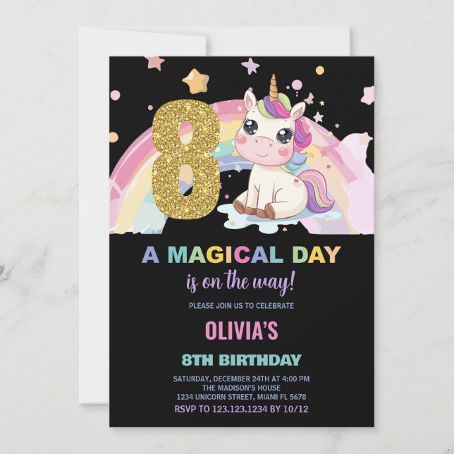 8th Birthday Unicorn Birthday Invitations (Front)