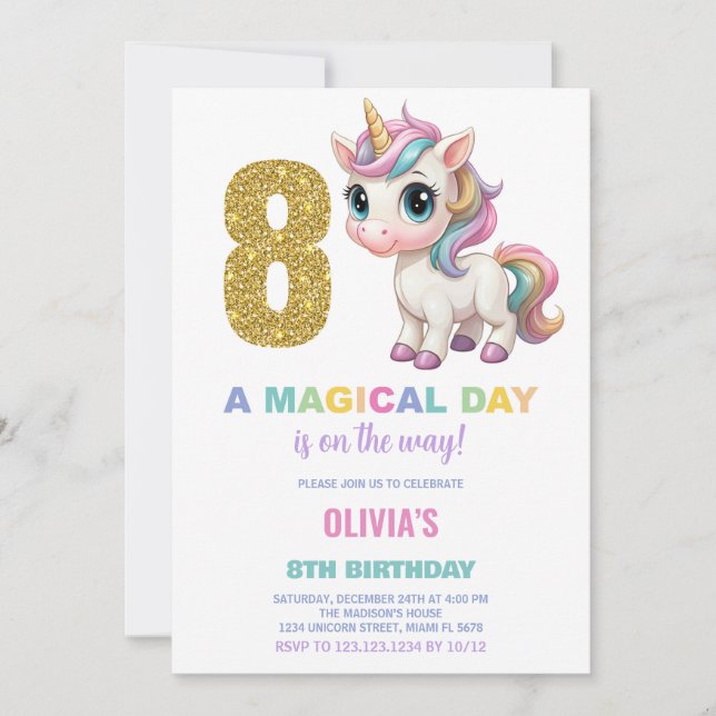8th Birthday Unicorn Birthday Invitations (Front)