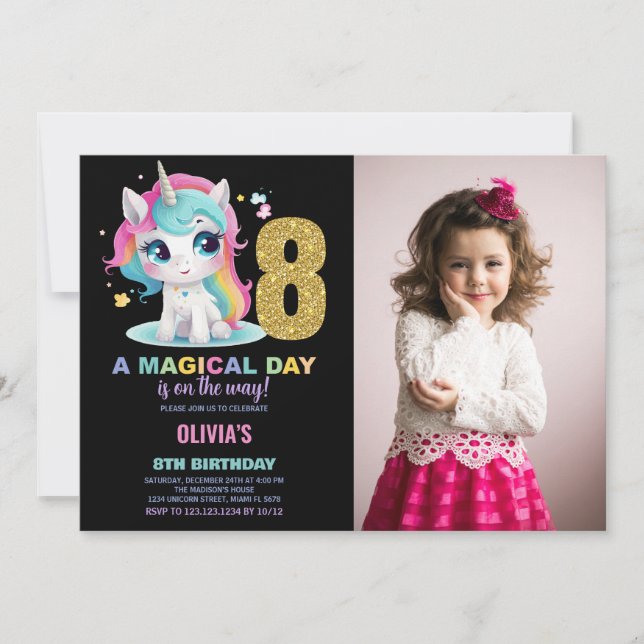 8th Birthday Unicorn Birthday Invitations photo (Front)