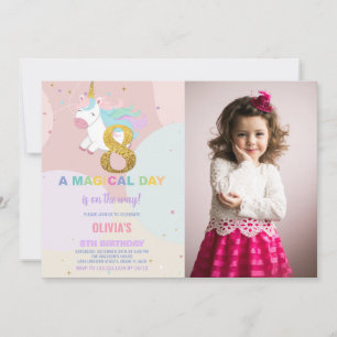 8th Birthday Unicorn Birthday Invitations w photo