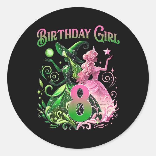 8th Birthday Witch Pink And Green 8 Years Old Birt Classic Round Sticker (Front)