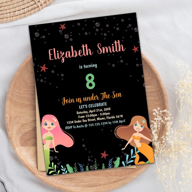 8th Black Mermaid Birthday Invitations (8th Black Mermaid Birthday Invitations)