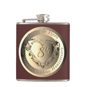8th Bronze Wedding Anniversary Medallion Hip Flask