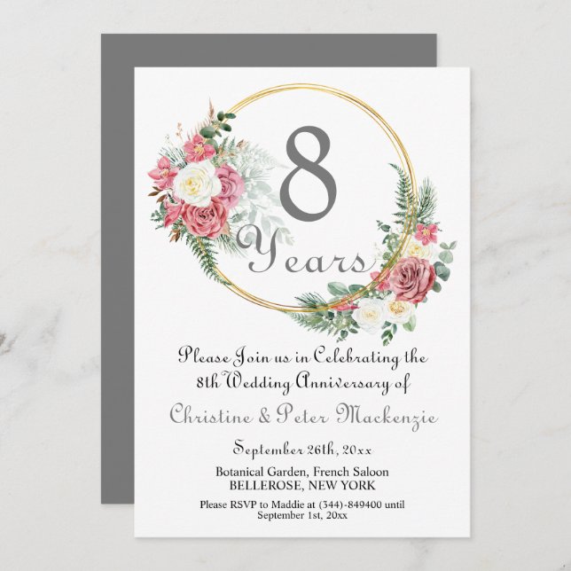 8th Bronze Wedding Anniversary Roses Gold Frame Invitation (Front/Back)
